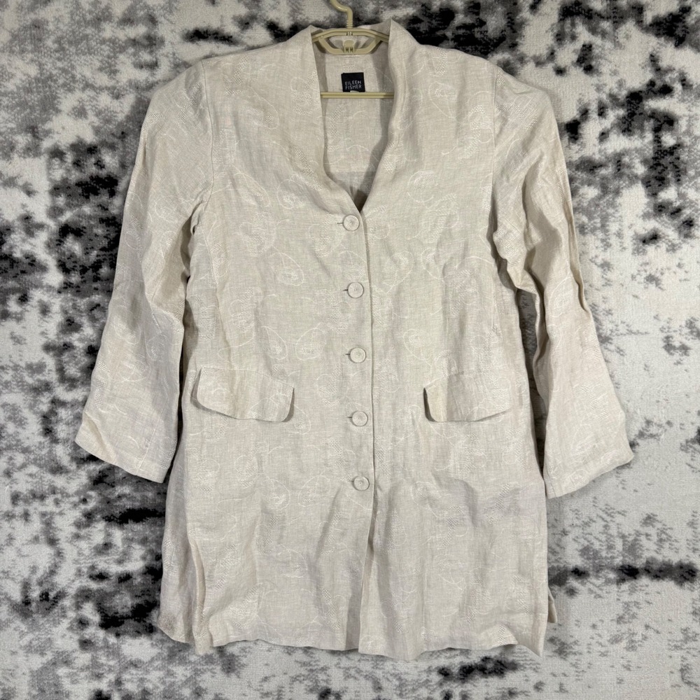 Eileen Fisher Beige Italian Linen Paisley Textured Button Tunic Jacket Large